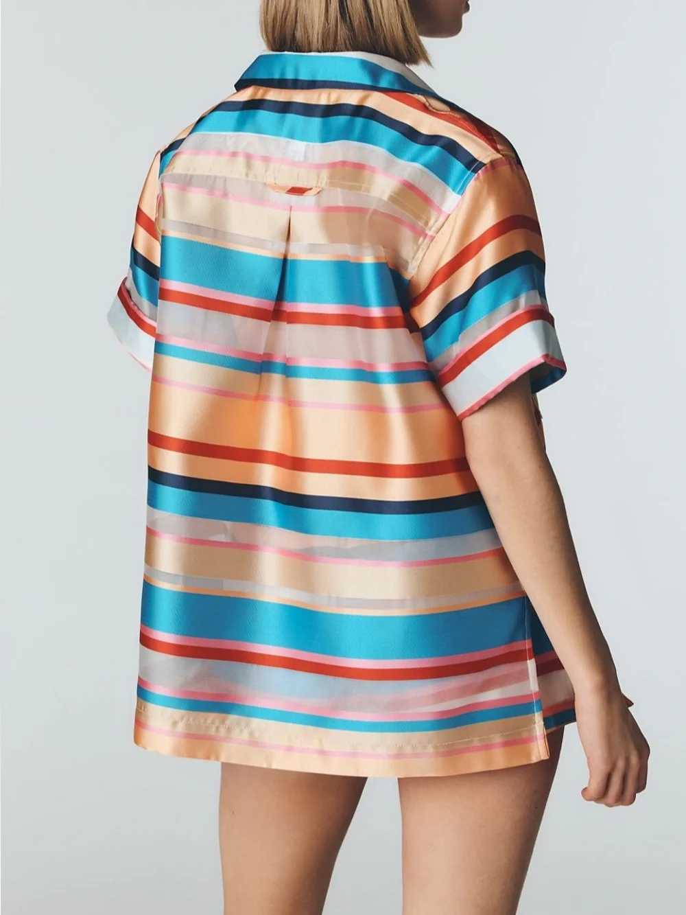 Maeve by Anthropologie Button-Up Shirt in blue, red, pink and sheer stripe.